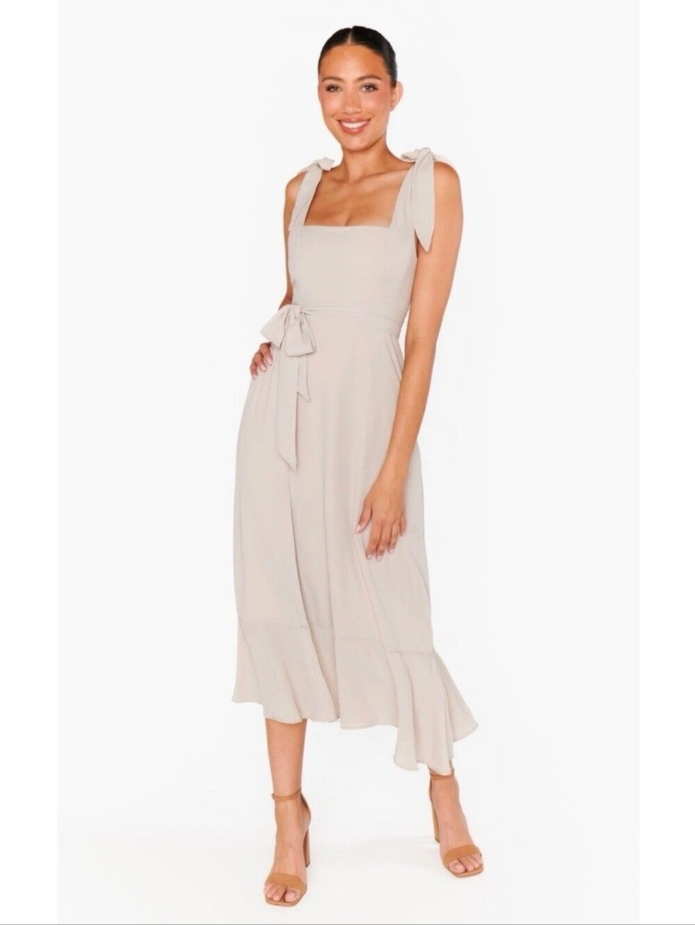 Show Me Your Mumu Claire Midi Dress Show Me The Ring Crisp Beige Size Small NWT